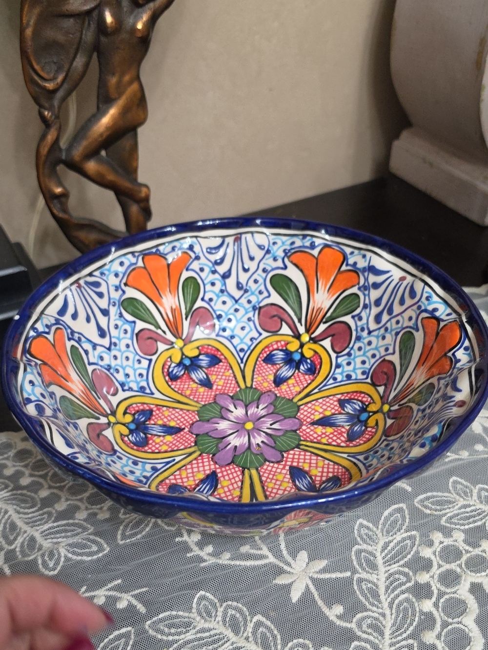 Vtg Hecho Mexico Hand-Painted Ceramic Decorative Bowl in Blue and Multicolor